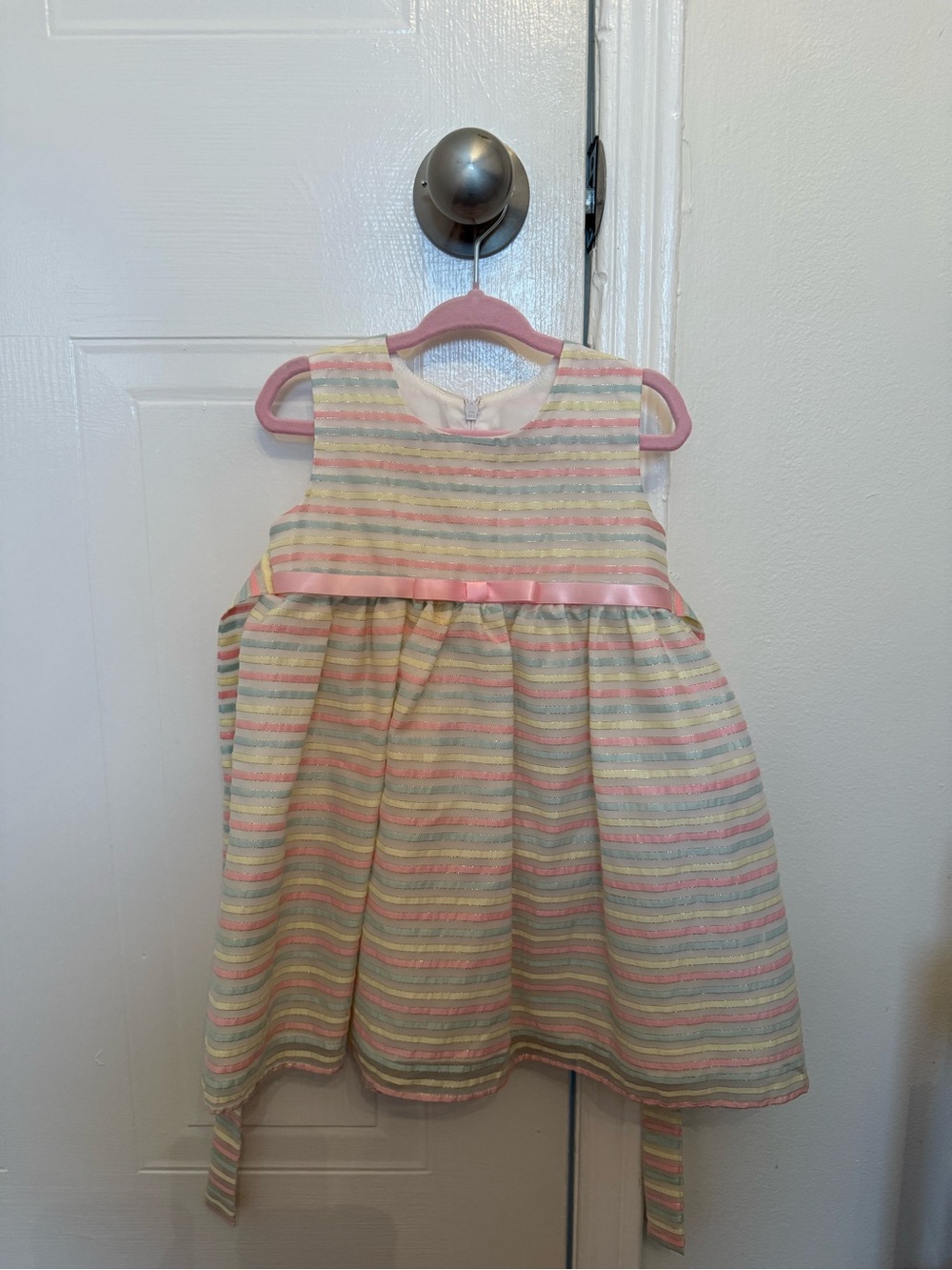 Girls Pastel Stripe Party Dress with Pink Ribbon